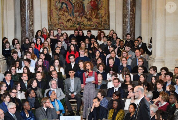 La romancière franco-marocaine Leïla Slimani à l'Académie française à Paris, France, la 20 mars 2018. Le chef de l'État a énuméré une trentaine de mesures destinées à renforcer "la place et le rôle" de la langue française et du plurilinguisme dans le monde. © Christian Liewig/Pool/Bestimage