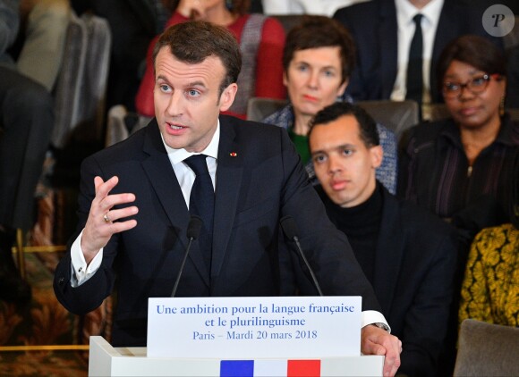 Emmanuel Macron à l'Académie française à Paris, France, la 20 mars 2018. Le chef de l'État a énuméré une trentaine de mesures destinées à renforcer "la place et le rôle" de la langue française et du plurilinguisme dans le monde. © Christian Liewig/Pool/Bestimage