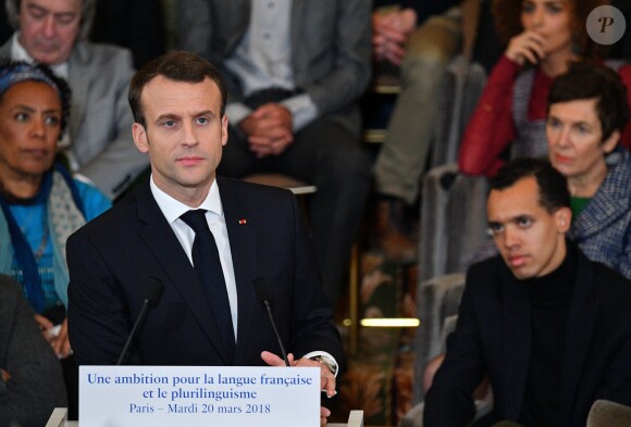 Emmanuel Macron à l'Académie française à Paris, France, la 20 mars 2018. Le chef de l'État a énuméré une trentaine de mesures destinées à renforcer "la place et le rôle" de la langue française et du plurilinguisme dans le monde. © Christian Liewig/Pool/Bestimage