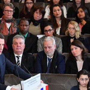 Emmanuel Macron à l'Académie française à Paris, France, la 20 mars 2018. Le chef de l'État a énuméré une trentaine de mesures destinées à renforcer "la place et le rôle" de la langue française et du plurilinguisme dans le monde. © Christian Liewig/Pool/Bestimage