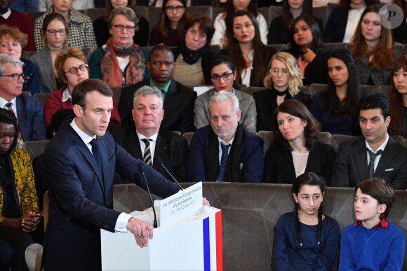 Emmanuel Macron à l'Académie française à Paris, France, la 20 mars 2018. Le chef de l'État a énuméré une trentaine de mesures destinées à renforcer "la place et le rôle" de la langue française et du plurilinguisme dans le monde. © Christian Liewig/Pool/Bestimage