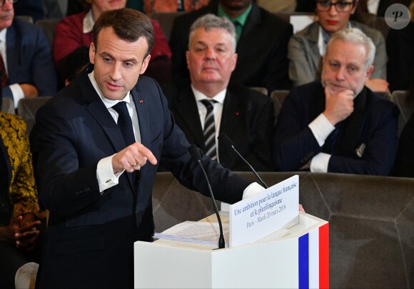 Emmanuel Macron à l'Académie française à Paris, France, la 20 mars 2018. Le chef de l'État a énuméré une trentaine de mesures destinées à renforcer "la place et le rôle" de la langue française et du plurilinguisme dans le monde. © Christian Liewig/Pool/Bestimage