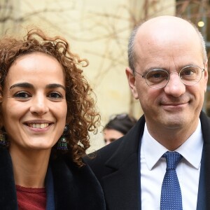 La romancière franco-marocaine Leïla Slimani et Jean-Michel Blanquer, ministre de l'Education Nationale à l'Académie française à Paris, France, la 20 mars 2018. Le chef de l'État a énuméré une trentaine de mesures destinées à renforcer "la place et le rôle" de la langue française et du plurilinguisme dans le monde. © Christian Liewig/Pool/Bestimage