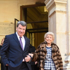 Xavier Darcos, chancelier de l'Institut de France et Hélène Carrère d'Encausse, secrétaire perpétuel de l'Académie française, à l'Académie française à Paris, France, la 20 mars 2018. Le chef de l'État a énuméré une trentaine de mesures destinées à renforcer "la place et le rôle" de la langue française et du plurilinguisme dans le monde. © Christian Liewig/Pool/Bestimage