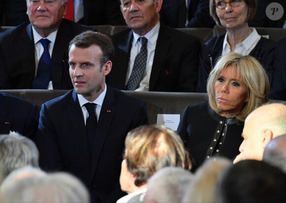 Emmanuel Macron et son épouse Brigitte à l'Académie française à Paris, France, la 20 mars 2018. Le chef de l'État a énuméré une trentaine de mesures destinées à renforcer "la place et le rôle" de la langue française et du plurilinguisme dans le monde. © Christian Liewig/Pool/Bestimage