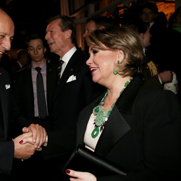 Laurent Fabius et la Grande-Duchesse Maria Teresa de Luxembourg - Soirée au Musée Rodin à l'occasion de la visite d'Etat en France du grand-duc H. de Luxembourg et la grande-duchesse MT. de Luxembourg à Paris le 20 mars 2018. © Dominique Jacovides/Bestimage