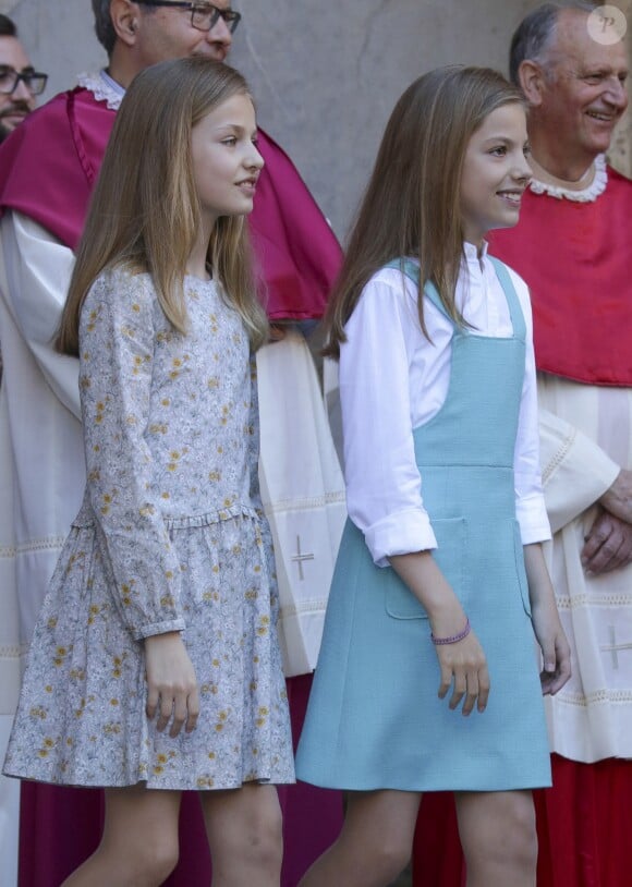 Le roi Felipe VI et la reine Letizia d'Espagne, leurs filles la princesse Leonor des Asturies et l'infante Sofia (photo), ainsi que le roi Juan Carlos Ier et la reine Sofia étaient réunis à Palma de Majorque le 1er avril 2018 pour la messe de Pâques.