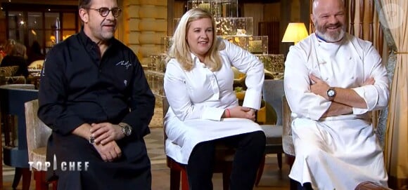 Michel Sarran, Hélène Darroze et Philippe Etchebest dans "Top Chef" (M6), épisode diffusé mercredi 11 avril 2018.