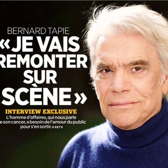 Bernard Tapie à la une du Parisien du 15 avril 2018. Dans un long entretien, il parle de son cancer de l'estomac, ses chances, son traitement et son projet de revenir sur scène dans une pièce de théâtre ou une comédie musicale.