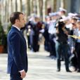 Le président de la République française Emmanuel Macron lors de l'hommage à Xavier Jugelé sur les Champs Elysées, à Paris le 20 avril 2018. Une plaque a été dévoilée. © Dominique Jacovides / Bestimage