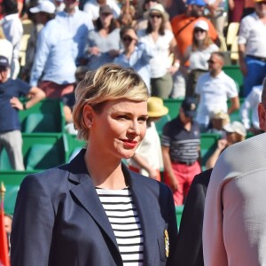 La princesse Charlene de Monaco, Rafael Nadal, le prince Albert II de Monaco et la baronne Elisabeth Ann de Massy durant la finale du Rolex Monte Carlo Masters 2018 qui a opposé l'Espagnol Rafael Nadal au Japoais Kei Nishikori au Monte Carlo Country Club à Roquebrune Cap Martin le 21 avril 2018. Rafael Nadal a remporté pour la 11eme fois le tournoi en battant son adversaire en 2 sets. © Bruno Bebert/Bestimage