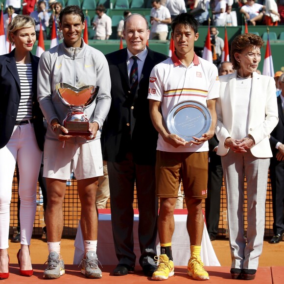 La princesse Charlène, Rafael Nadal, le prince Albert II de Monaco, Elisabeth-Anne de Massy et Kei Nishikori - Rafael Nadal remporte pour la onzième fois le Masters 1000 de Monte-Carlo à Roquebrune Cap Martin, France, le 22 avril 2018. © Jean-François Ottonello/Nice Matin/Bestimage