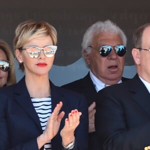 La princesse Charlene et Albert de Monaco assistent à la finale du Rolex Monte Carlo Masters 2018 qui a opposé l'Espagnol Rafael Nadal au Japoais Kei Nishikori au Monte Carlo Country Club à Roquebrune Cap Martin le 21 avril 2018. Rafael Nadal a remporté pour la 11eme fois le tournoi en battant son adversaire en 2 sets. © Bruno Bébert/Bestimage