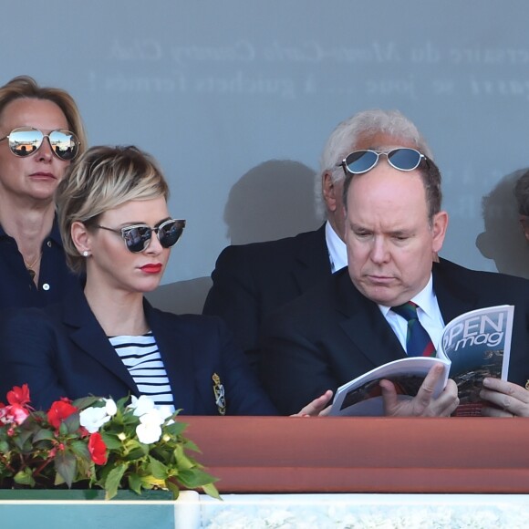 La princesse Charlene et Albert de Monaco assistent à la finale du Rolex Monte Carlo Masters 2018 qui a opposé l'Espagnol Rafael Nadal au Japoais Kei Nishikori au Monte Carlo Country Club à Roquebrune Cap Martin le 21 avril 2018. Rafael Nadal a remporté pour la 11eme fois le tournoi en battant son adversaire en 2 sets. © Bruno Bébert/Bestimage