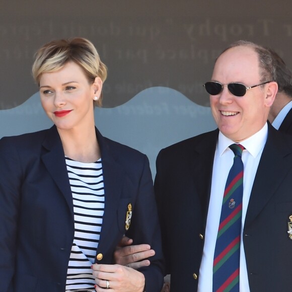 La princesse Charlene et Albert de Monaco assistent à la finale du Rolex Monte Carlo Masters 2018 qui a opposé l'Espagnol Rafael Nadal au Japoais Kei Nishikori au Monte Carlo Country Club à Roquebrune Cap Martin le 21 avril 2018. Rafael Nadal a remporté pour la 11eme fois le tournoi en battant son adversaire en 2 sets. © Bruno Bébert/Bestimage