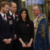 Le prince William avec le prince Harry et Meghan Markle lors de la cérémonie commémorative de l'ANZAC Day à l'abbaye de Westminster à Londres le 25 avril 2018.