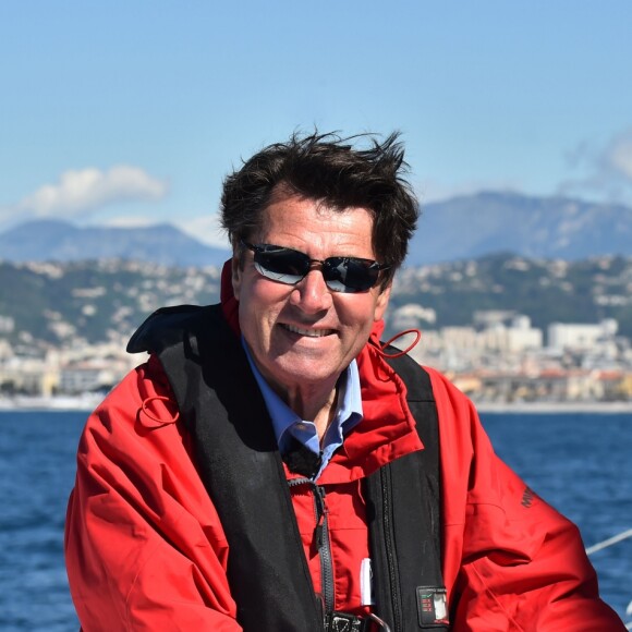 Exclusif - Christian Estrosi, le maire de Nice et sa femme Laura Tenoudji ont embarqué sur le bateau de Francis Joyon, "Idec" dans le cadre de la Nice UltiMed à Nice le 30 avril 2018. Pour la 1ère fois dans la Baie des Anges, une course va confronter l'élite des skippers de la Course au Large, sur les plus grands bateaux de course à la voile au monde : les Ultimes. © Bruno Bebert / Bestimage