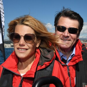 Exclusif - Christian Estrosi, le maire de Nice et sa femme Laura Tenoudji ont embarqué sur le bateau de Francis Joyon, "Idec" dans le cadre de la Nice UltiMed à Nice le 30 avril 2018. Pour la 1ère fois dans la Baie des Anges, une course va confronter l'élite des skippers de la Course au Large, sur les plus grands bateaux de course à la voile au monde : les Ultimes. © Bruno Bebert / Bestimage