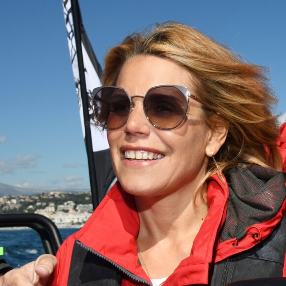 Exclusif - Christian Estrosi, le maire de Nice et sa femme Laura Tenoudji ont embarqué sur le bateau de Francis Joyon, "Idec" dans le cadre de la Nice UltiMed à Nice le 30 avril 2018. Pour la 1ère fois dans la Baie des Anges, une course va confronter l'élite des skippers de la Course au Large, sur les plus grands bateaux de course à la voile au monde : les Ultimes. © Bruno Bebert / Bestimage