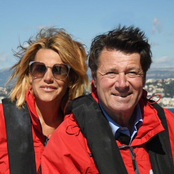 Exclusif - Christian Estrosi, le maire de Nice et sa femme Laura Tenoudji ont embarqué sur le bateau de Francis Joyon, "Idec" dans le cadre de la Nice UltiMed à Nice le 30 avril 2018. Pour la 1ère fois dans la Baie des Anges, une course va confronter l'élite des skippers de la Course au Large, sur les plus grands bateaux de course à la voile au monde : les Ultimes. © Bruno Bebert / Bestimage