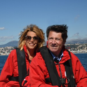 Exclusif - Christian Estrosi, le maire de Nice et sa femme Laura Tenoudji ont embarqué sur le bateau de Francis Joyon, "Idec" dans le cadre de la Nice UltiMed à Nice le 30 avril 2018. Pour la 1ère fois dans la Baie des Anges, une course va confronter l'élite des skippers de la Course au Large, sur les plus grands bateaux de course à la voile au monde : les Ultimes. © Bruno Bebert / Bestimage