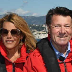 Exclusif - Christian Estrosi, le maire de Nice et sa femme Laura Tenoudji ont embarqué sur le bateau de Francis Joyon, "Idec" dans le cadre de la Nice UltiMed à Nice le 30 avril 2018. Pour la 1ère fois dans la Baie des Anges, une course va confronter l'élite des skippers de la Course au Large, sur les plus grands bateaux de course à la voile au monde : les Ultimes. © Bruno Bebert / Bestimage