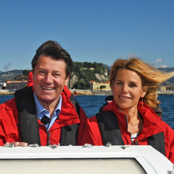 Exclusif - Christian Estrosi, le maire de Nice et sa femme Laura Tenoudji ont embarqué sur le bateau de Francis Joyon, "Idec" dans le cadre de la Nice UltiMed à Nice le 30 avril 2018. Pour la 1ère fois dans la Baie des Anges, une course va confronter l'élite des skippers de la Course au Large, sur les plus grands bateaux de course à la voile au monde : les Ultimes. © Bruno Bebert / Bestimage