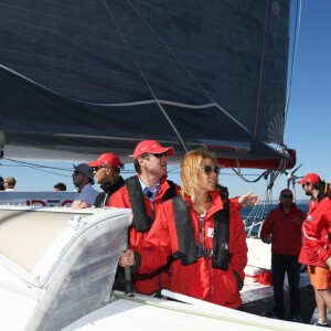 Exclusif - Christian Estrosi, le maire de Nice et sa femme Laura Tenoudji ont embarqué sur le bateau de Francis Joyon, "Idec" dans le cadre de la Nice UltiMed à Nice le 30 avril 2018. Pour la 1ère fois dans la Baie des Anges, une course va confronter l'élite des skippers de la Course au Large, sur les plus grands bateaux de course à la voile au monde : les Ultimes. © Bruno Bebert / Bestimage