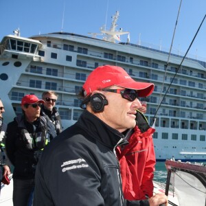 Exclusif - Francis Joyon, sur son bateau "Idec" dans le cadre de la Nice UltiMed à Nice le 30 avril 2018. Pour la 1ère fois dans la Baie des Anges, une course va confronter l'élite des skippers de la Course au Large, sur les plus grands bateaux de course à la voile au monde : les Ultimes. © Bruno Bebert / Bestimage