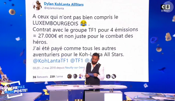 Dylan de "Koh-Lanta All Stars" s'exprime sur son salaire dans "TPMP", C8, 7 mai 20158