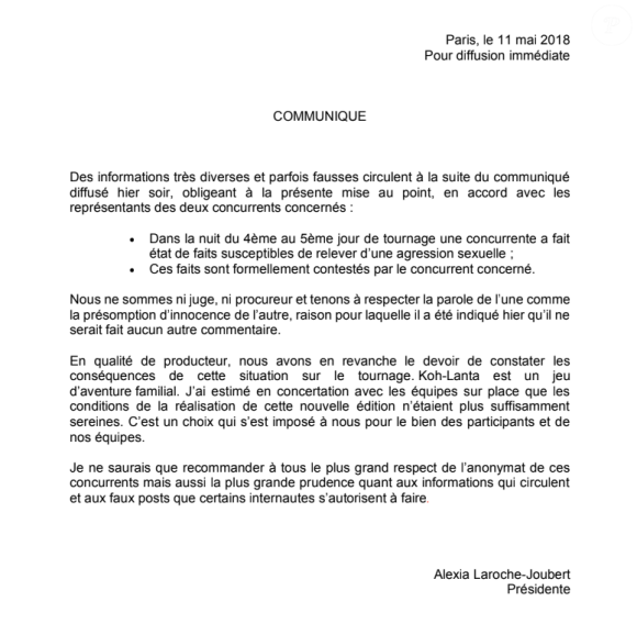 La productrice Alexia Laroche-Joubert s'exprime après l'annulation du tournage du futur "Koh-Lanta", le 11 mai 2018.