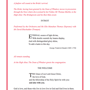 Extrait du programme de la cérémonie du mariage religieux du prince Harry et de Meghan Markle le 19 mai 2018 à Windsor, portant encore le nom de Thomas Markle, absent.