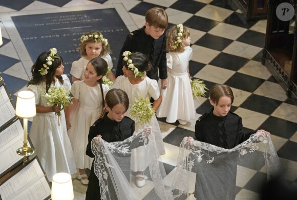 La princesse Charlotte de Cambridge et les autres enfants d'honneurs, pages et flowergirls, au mariage du prince Harry et de Meghan Markle le 19 mai 2018 à Windsor.
