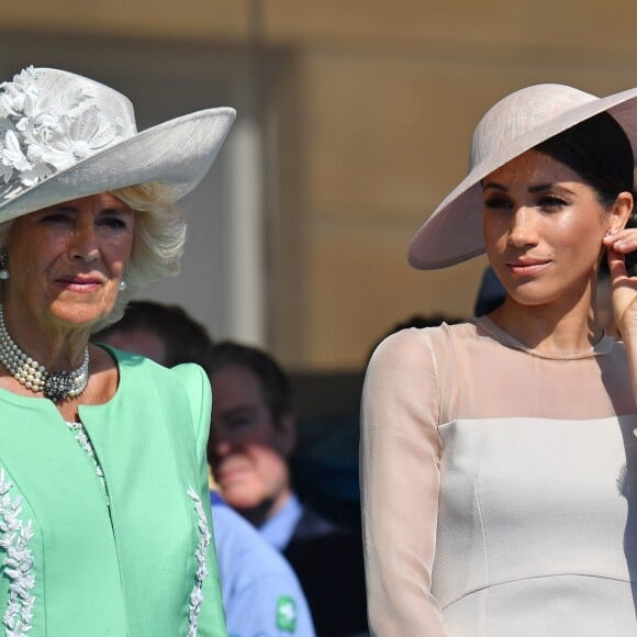 La duchesse Meghan de Sussex (Meghan Markle), vêtue d'une robe Goat, et le prince Harry prenaient part le 22 mai 2018 à une garden party organisée dans les jardins de Buckingham Palace dans le cadre des célébrations du 70e anniversaire du prince Charles. A cinq mois de la date (14 novembre 2018), le rassemblement honorait ses patronages, associations et rôles militaires.