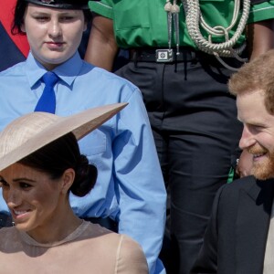 La duchesse Meghan de Sussex (Meghan Markle), vêtue d'une robe Goat, et le prince Harry prenaient part le 22 mai 2018 à une garden party organisée dans les jardins de Buckingham Palace dans le cadre des célébrations du 70e anniversaire du prince Charles. A cinq mois de la date (14 novembre 2018), le rassemblement honorait ses patronages, associations et rôles militaires.