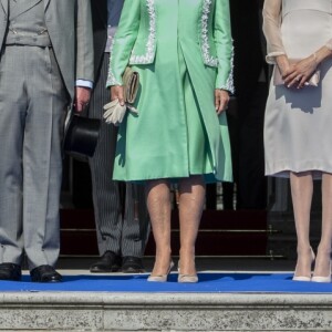Le prince Harry, duc de Sussex, le prince Charles, prince de Galles, Camilla Parker Bowles, duchesse de Cornouailles, Meghan Markle, duchesse de Sussex lors de la garden party pour les 70 ans du prince Charles au palais de Buckingham à Londres. Le 22 mai 2018.