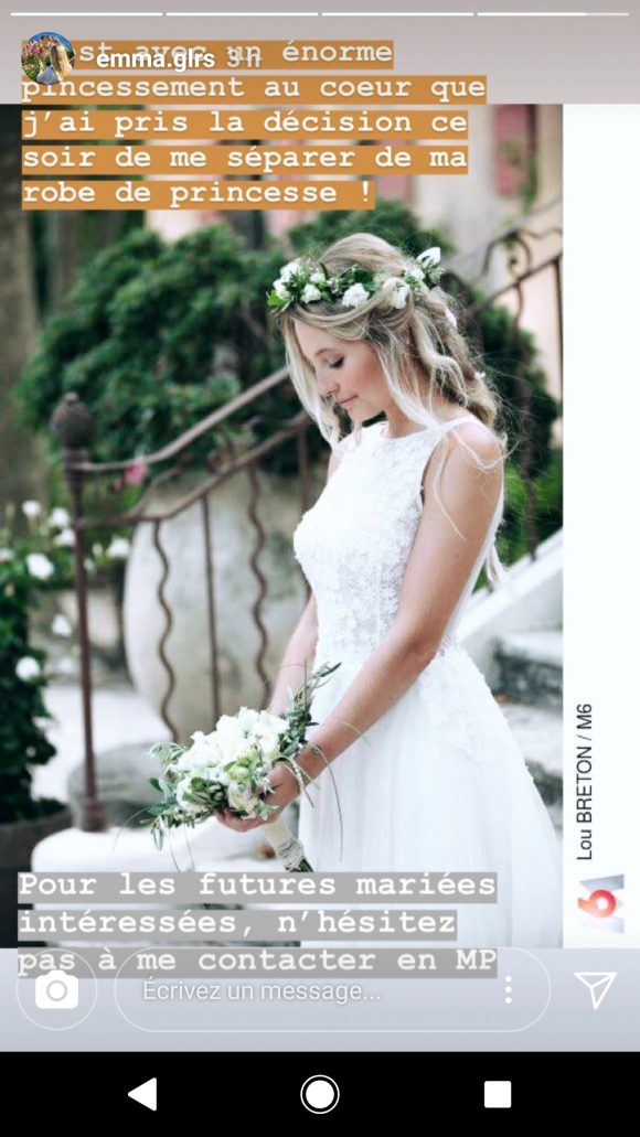Emma de "Mariés au premier regard" vent sa robe de mariée - story Instagram, 1er juillet 2018