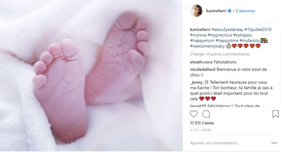 Karine Ferri, maman pour la 2e fois, a partagé cette photo des pieds de sa fille sur Instagram, le 17 juillet 2018