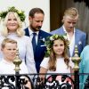 La princesse Mette-Marit et le prince héritier Haakon de Norvège, Marius Borg Hoiby, le prince Sverre Magnus et la princesse Ingrid Alexandra lors des célébrations du jubilé des 25 ans de règne du roi Harald de Norvège à Trondheim le 23 juin 2016.
