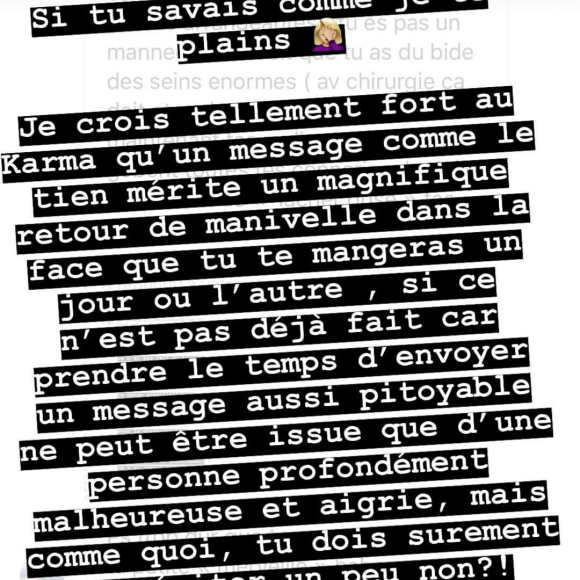 Caroline Receveur répond à une critique d'un internaute le 5 août 2018 sur Instagram.