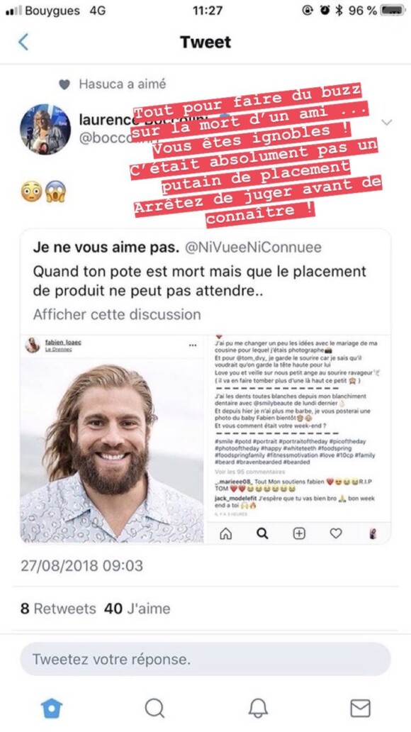 Fabien Loaëc se défend suite aux critiques qu'il a reçues après la mort de Tom Diversy sur Instagram. Août 2018. 