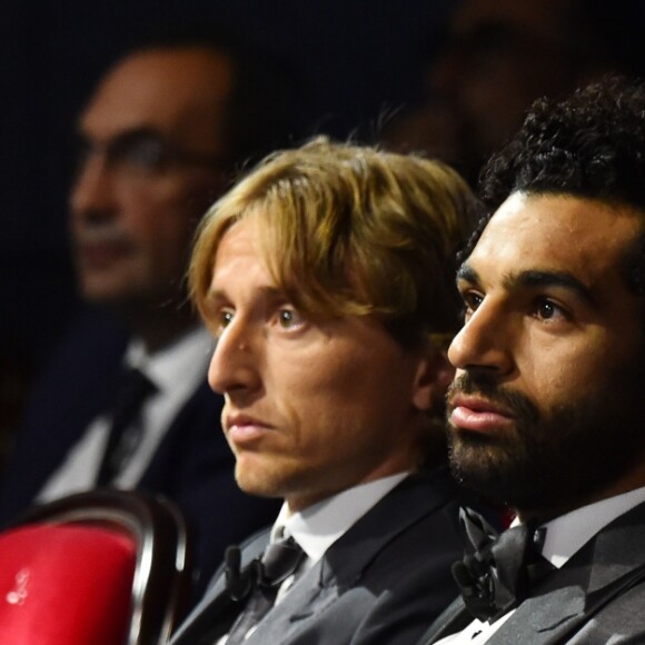 Luka Modric et Mohamed Salah durant le tirage au sort de la Champions League dans la salle des Princes du Grimaldi Forum à Monaco le 30 août 2018. © Bruno Bebert / Bestimage