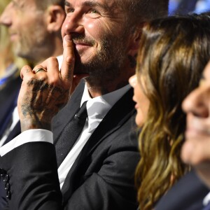 David et Victoria Beckham durant le tirage au sort de la Champions League dans la salle des Princes du Grimaldi Forum à Monaco le 30 août 2018. © Bruno Bebert / Bestimage