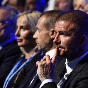 David et Victoria Beckham durant le tirage au sort de la Champions League dans la salle des Princes du Grimaldi Forum à Monaco le 30 août 2018. © Bruno Bebert / Bestimage