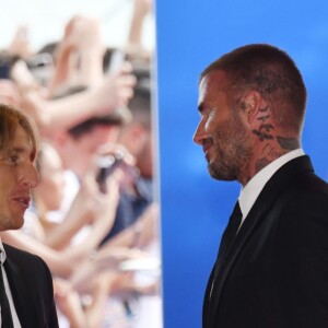 Luka Modric et David Beckham durant le tirage au sort de la Champions League dans la salle des Princes du Grimaldi Forum à Monaco le 30 août 2018. © Bruno Bebert / Bestimage