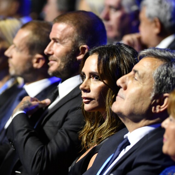 David et Victoria Beckham durant le tirage au sort de la Champions League dans la salle des Princes du Grimaldi Forum à Monaco le 30 août 2018. © Bruno Bebert / Bestimage