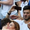 L'ex-Miss France Rachel Legrain-Trapani félicite son compagnon Benjamin Pavard après la victoire de la France face à l'Argentine lors des 8ème de finale de la Coupe du monde à Kazan en Russie le 30 juin 2018. © Cyril Moreau/Bestimage