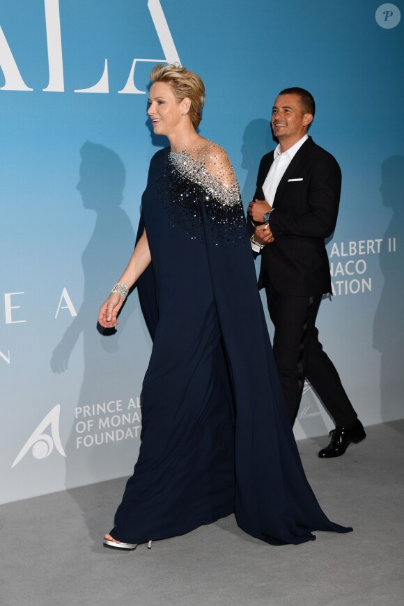 La princesse Charlene de Monaco et Orlando Bloom lors de la 2ème édition du "Monte-Carlo Gala for the Global Ocean" à Opéra de Monte-Carlo à Monaco, le 26 septembre 2018. © Bruno Bébert/Bestimage