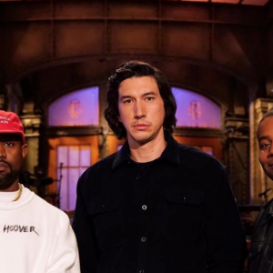 Kanye West, Adam Driver et Kenan Thompson, stars du Saturday Night Live du 29 septembre 2018.