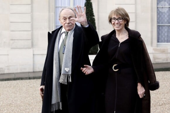 Michel Rocard et sa femme Sylvie Pélissier à la sortie du palais de l'Elysée à Paris. Le 11 janvier 2015 © Stéphane Lemouton/Bestimage